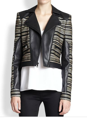 BCBGMAXAZRIA mixed-media moto jacket can be found on Shopbop.