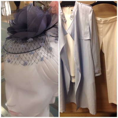 A lavender topper makes this crisp white-on-white ensemble oh-so-chic!! The fascinator feels modern yet sophisticated.