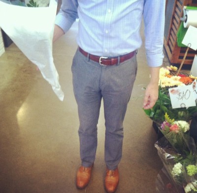 A well-tailored pant, styled shirt sleeves, AND flower shopping…triple threat!