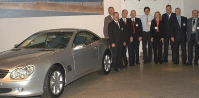 "This was pretty much my uniform for years," says Michelle, shown here in 2003 hosting clients at the Mercedes museum in Germany.