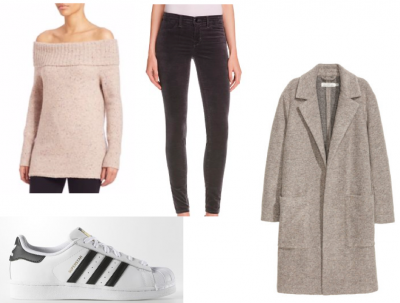 Sweater: Rebecca Minkoff, $178, Saks. Pants: Grey velvet jeans, JBrand $99 at Bloomingdales. Shoes: $80, Adidas. Topper Coat: $79, H&M